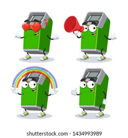 set of cartoon green ATM cash dispenser character mascot on white background