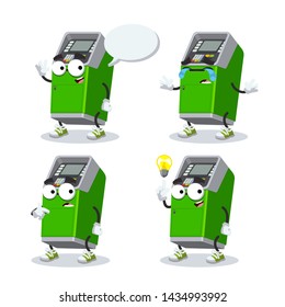 set of cartoon green ATM cash dispenser character mascot on white background