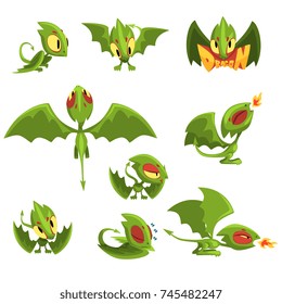 Set of cartoon green baby dragon character in different situations