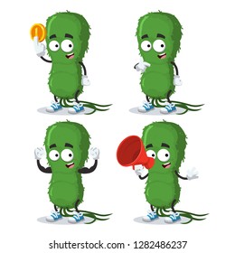 set of cartoon green bacteria germ character mascot on white background