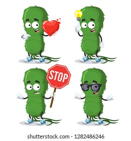 set of cartoon green bacteria germ character mascot on white background
