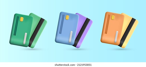 Set of cartoon green, blue, purple, orange and yellow bank cards for e-commerce, business, shopping, online payment, etc. Front side and back side of three-dimensional golden plastic credit card. 