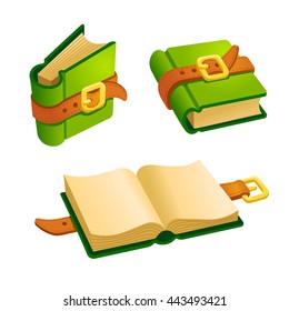 Set of cartoon green book from different angles.Isolated vector elements for game design.