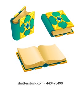 Set of cartoon green book from different angles.Isolated vector elements for game design.