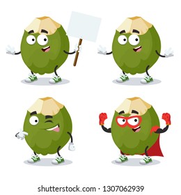 set of cartoon green coconut fruit character mascot on white background