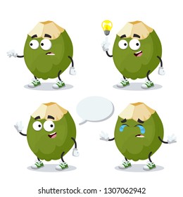set of cartoon green coconut fruit character mascot on white background