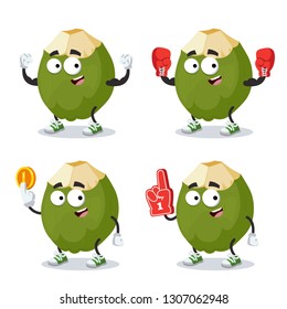 set of cartoon green coconut fruit character mascot on white background
