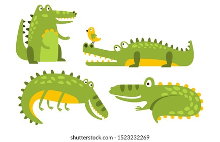 Set of cartoon green crocodiles. Vector illustration.