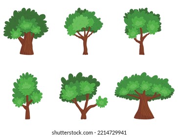 Set of Cartoon Green Forest or Garden Trees. Isolated Game Assets, Decorative Landscape Plants And Shrubs. Natural Park 2d Objects With Trimmed Crown And Brown Trunks. Vector Illustration, Icons