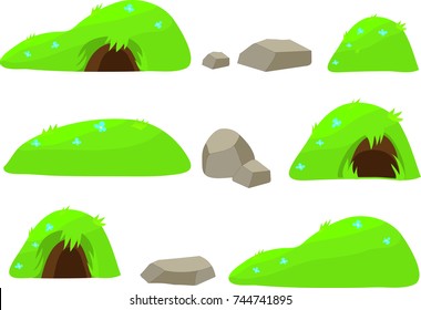 A set of  cartoon green hills with grass, flowers and animal holes and stones vector illustration