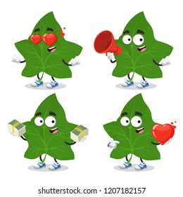 set of cartoon green ivy leaf character mascot on white background