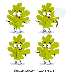 set of cartoon green oak leaf character mascot on white background