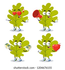 set of cartoon green oak leaf character mascot on white background