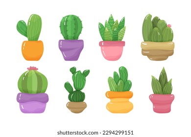 Set von Cartoon grün prickly süße Kakteen und Sukkulenten mit Blüten und Stacheln in bunten Töpfen. Gestaltungselemente von Hauspflanzen, grüne Kakteen. Einzeln auf weißem Hintergrund.
