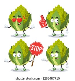 set of cartoon green roman broccoli cauliflower character mascot on white background