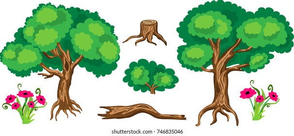 A set of cartoon green trees and bush, stump, snag and flowers  isolated, white background