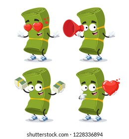 set of cartoon green twisted yoga mat character mascot on white background
