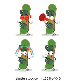 set of cartoon green wooden snowboarding board character mascot on white background