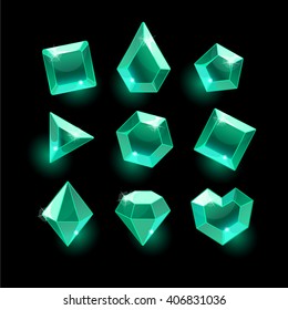 Set of cartoon green,emerald different shapes crystals,gemstones,gems,diamonds vector gui assets collection for design.isolated vector elements.Gui elements, vector games assets.menu for mobile games