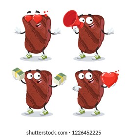 set of cartoon grilled marbled beef steak character mascot on white background