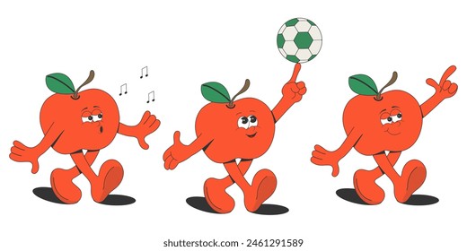 A set of cartoon groovy apple characters. Isolated on a white background. Retro style of the 60s-70s.Elements of the summer design of a poster, postcard, T-shirt print, sticker.Vector illustration.