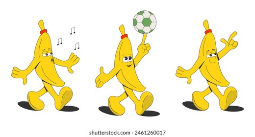 A set of cartoon groovy banana characters. Isolated on a white background. Retro style of the 60s-70s.Elements of the summer design of a poster, postcard, T-shirt print, sticker.Vector illustration.