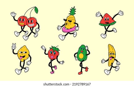 Set of cartoon groovy characters fruits and berries in retro style. Cherry and strawberry, pineapple and avocado. Vector stock illustration.