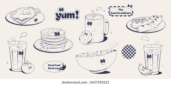 set of cartoon groovy characters isolated on a white background:fried eggs, coffee,pancakes and berries, oatmeal,tomato and orange juice, fried sausages.Retro vector illustration in monochrome palette