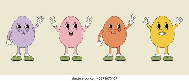 Set of cartoon groovy easter eggs in trendy 70s style.Vector illustration