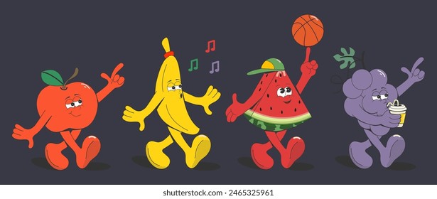 A set of cartoon groovy fruits:banana, watermelon, apple, grapes.Elements for the design of a T-shirt print, poster, sticker, card.Retro style.Vector illustration.