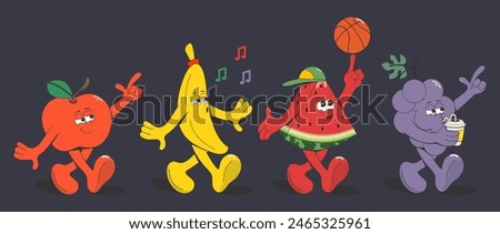 A set of cartoon groovy fruits:banana, watermelon, apple, grapes.Elements for the design of a T-shirt print, poster, sticker, card.Retro style.Vector illustration.