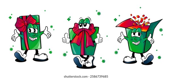 set of cartoon groovy gift boxes with red bow