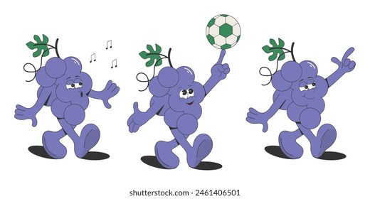 A set of cartoon groovy grape characters. Isolated on a white background. Retro style of the 60s-70s.Elements of the summer design of a poster, postcard, T-shirt print, sticker.Vector illustration.