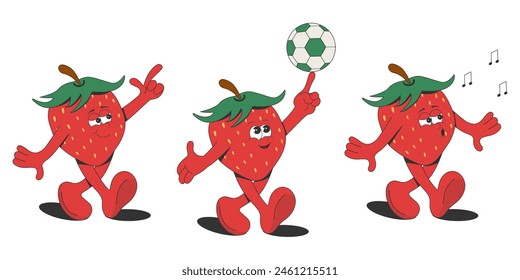 A set of cartoon groovy strawberry characters. Isolated on a white background. Retro style.Elements of the summer design of a poster, card, T-shirt print, sticker.Vector illustration.
