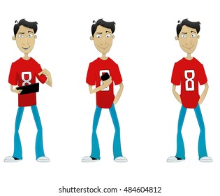 Set of cartoon guy in t shirt with mobile app and laptop. On line marketing of mobile app, start up, or cloud service and social network in mobile app. Vector