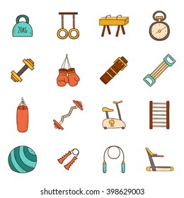 Set of cartoon gym icons. Sport healthy life concept. Fitness equipment design. Sport gym cartoon objects. Indoor gym equipment. Fitness activity concept. Cartoon fitness club equipment
