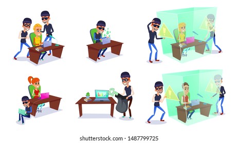 set of cartoon hackers and ordinary computer users on a white backgroundset of cartoon hackers and ordinary computer users on a white background