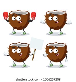 set of cartoon half of fresh coconut character mascot on white background