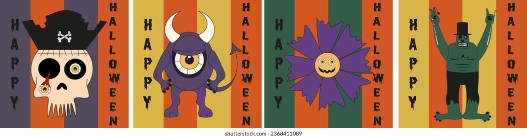 
Set of Cartoon Halloween banner with monster, skull, zombie, devil. Scary holiday poster for party with characters. Creepy Halloween concept. Avant-garde Vector illustration.