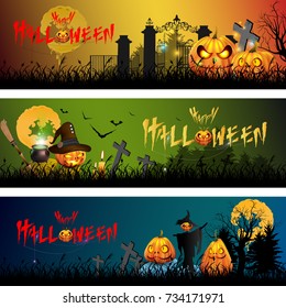 Set of Cartoon Halloween banners with pumpkin. Vector illustration background.
