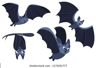 Set of cartoon Halloween bats. Collection set. Design for Halloween party decoration. Vector illustration. Trick or Treat Concept. Illustration isolated on white background.