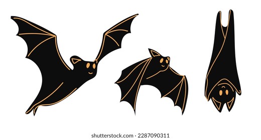 Set of cartoon Halloween bats. Collection set. Design for Halloween party decoration. Vector illustration. Trick or Treat Concept. Illustration isolated on white background.