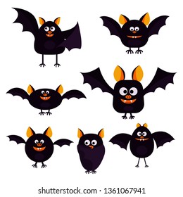 Set of cartoon Halloween black bats in different pose and shapes. Design for Halloween party decoration. Vector illustration in flat style. Illustration isolated on white background.