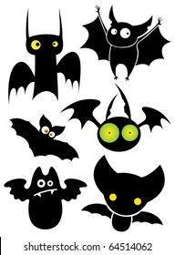 Set of cartoon Halloween black bats. Vector illustration.