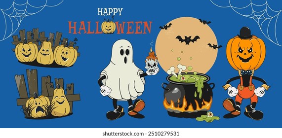 A set of cartoon Halloween characters. Ghost, Jack-o-lantern pumpkinhead, cauldron of boiling witch's potion, bones, eyes, cobwebs, pumpkins, cemetery fence, full moon and bats.Vector illustration.