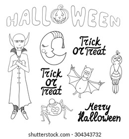 Set of cartoon halloween characters and words isolated on white background. Merry halloween. Trick or treat. Vector illustration. Eps 10. 