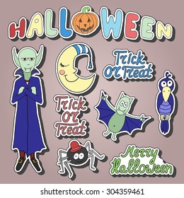 Set of cartoon halloween characters and words with shadows. Merry halloween. Trick or treat. Vector illustration. Eps 10. 