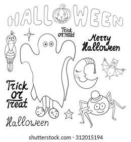 Set of cartoon halloween characters and words isolated on white background. Merry halloween. Trick or treat. Vector illustration. Eps 10. 