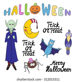 Set of cartoon halloween characters and words isolated on white background. Merry halloween. Trick or treat. Vector illustration. Eps 10. 