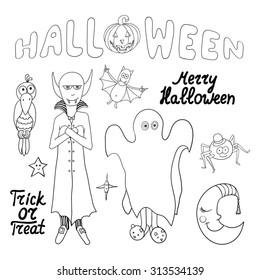 Set of cartoon halloween characters and words isolated on white background. Merry halloween. Trick or treat. Vector illustration. Eps 10. 